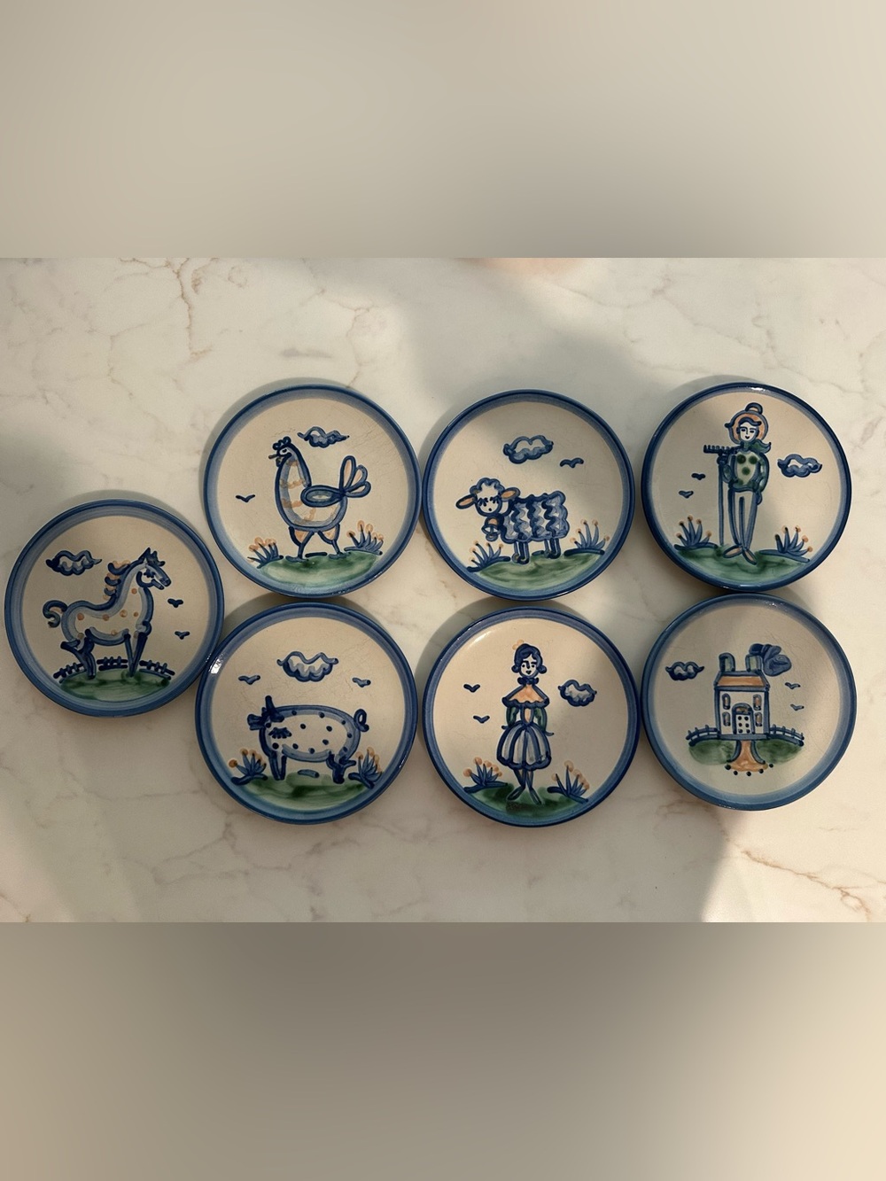 M.A. Hadley Pottery Set of 7 Hand Painted 6” Plates Folk Art Animals Signed